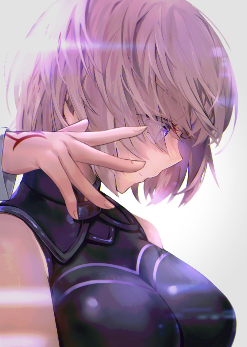 1girl absurdres bangs bare_shoulders black_leotard breasts command_spell fate/grand_order fate_(series) hair_over_one_eye hane_yuki highres large_breasts leotard light_purple_hair mash_kyrielight out_of_frame parted_lips profile short_hair solo_focus violet_eyes