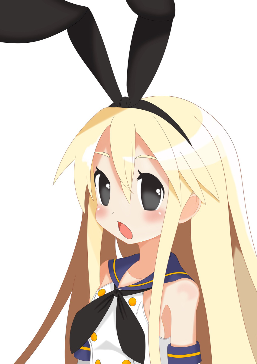 1girl black_hairband black_neckwear blonde_hair blue_sailor_collar commentary_request crop_top daichi_(daiti1318) disgaea grey_eyes hairband highres kantai_collection long_hair looking_at_viewer neckerchief open_mouth parody sailor_collar shimakaze_(kantai_collection) shirt simple_background sleeveless sleeveless_shirt solo style_parody white_background