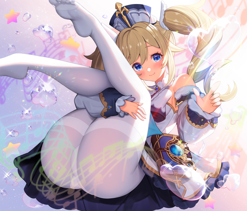 1girl absurdres arm_up ass bangs barbara_(genshin_impact) bare_shoulders blonde_hair blue_eyes blush book breasts bubble detached_sleeves dress drill_hair eyebrows_visible_through_hair feet genshin_impact hair_ornament hat heart_bubbles highres huge_filesize leg_grab long_hair long_sleeves looking_at_viewer musical_note no_shoes pantyhose rainbow_gradient simple_background small_breasts smile soles solo sparkle staff_(music) star_(symbol) thighband_pantyhose thighs toes twin_drills twintails water white_dress white_headwear white_legwear yuri_(chocho_q)