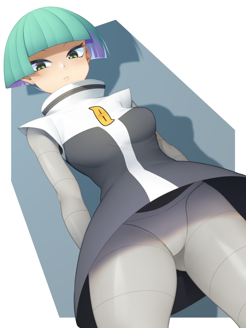 1girl arms_behind_back bangs blunt_bangs bodysuit breasts closed_mouth commentary_request eyelashes green_eyes green_hair grey_bodysuit highres looking_at_viewer pokemon pokemon_(game) pokemon_dppt short_hair solo team_galactic team_galactic_grunt team_galactic_uniform uniform upskirt yashima105