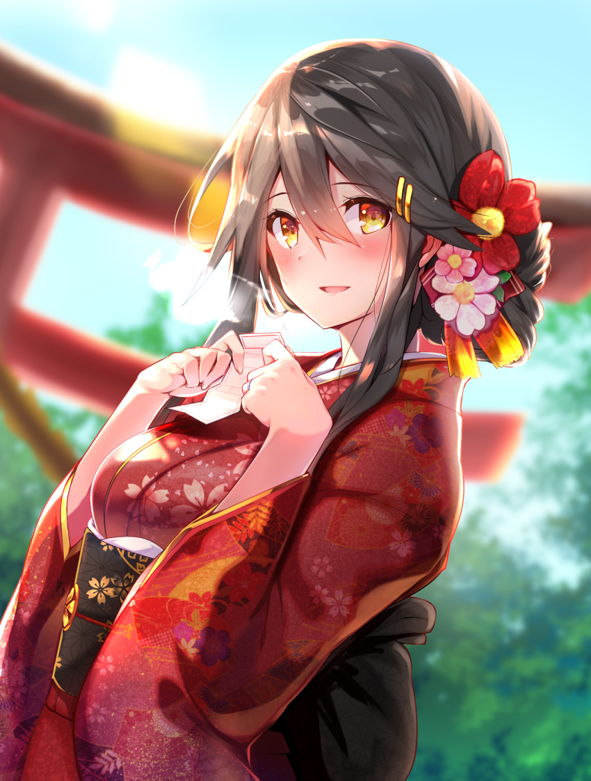 1girl alternate_costume bangs blurry blush breasts commentary_request day eyebrows_visible_through_hair floral_print flower grey_hair hair_between_eyes hair_flower hair_ornament hairband hairclip haruna_(kantai_collection) highres japanese_clothes jewelry kantai_collection kimono large_breasts long_hair long_sleeves looking_at_viewer new_year obi omikuji open_mouth orange_eyes outdoors red_kimono ring sash smile solo torii tsukui_kachou upper_body wedding_band wide_sleeves yukata