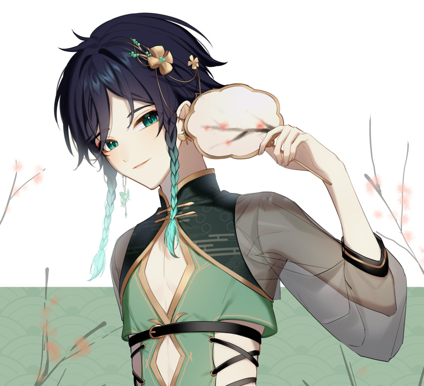 1boy bangs black_hair blue_hair braid cleavage_cutout clothing_cutout fan flower genshin_impact gradient_hair green_eyes hair_ornament highres holding holding_fan koboli03 long_sleeves looking_at_viewer male_focus multicolored_hair otoko_no_ko simple_background smile solo tagme twin_braids venti_(genshin_impact)