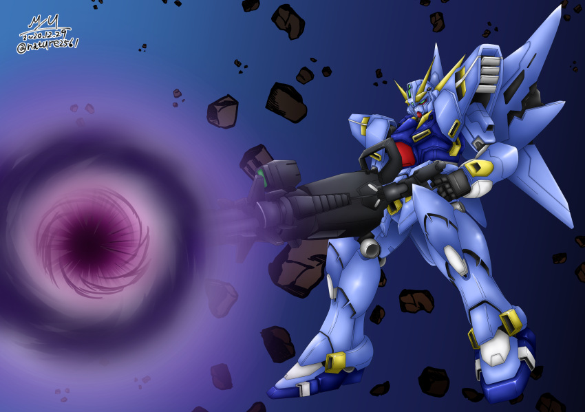 artist_name black_hole dated firing floating green_eyes gun highres holding holding_gun holding_weapon huckebein looking_down mecha myu_(nature256) no_humans science_fiction solo space super_robot_wars super_robot_wars_original_generation v-fin weapon