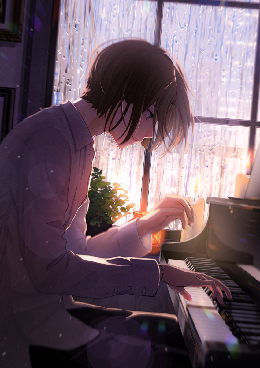 1boy absurdres brown_eyes brown_hair collared_shirt eyebrows_visible_through_hair film_grain highres huge_filesize instrument light_particles long_sleeves macaronk music original parted_lips piano playing_instrument playing_piano rain shirt sitting sleeve_cuffs solo white_shirt