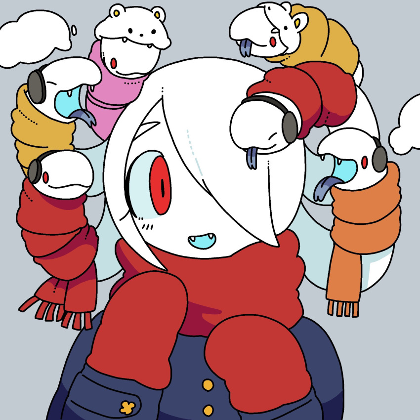 1girl earmuffs fangs gorgon grey_background hair_over_one_eye hands_up highres living_hair long_sleeves open_mouth orange_scarf original panapana peone_(panapana) pink_scarf red_eyes red_mittens red_scarf scarf smile snake_hair solo white_hair yellow_scarf