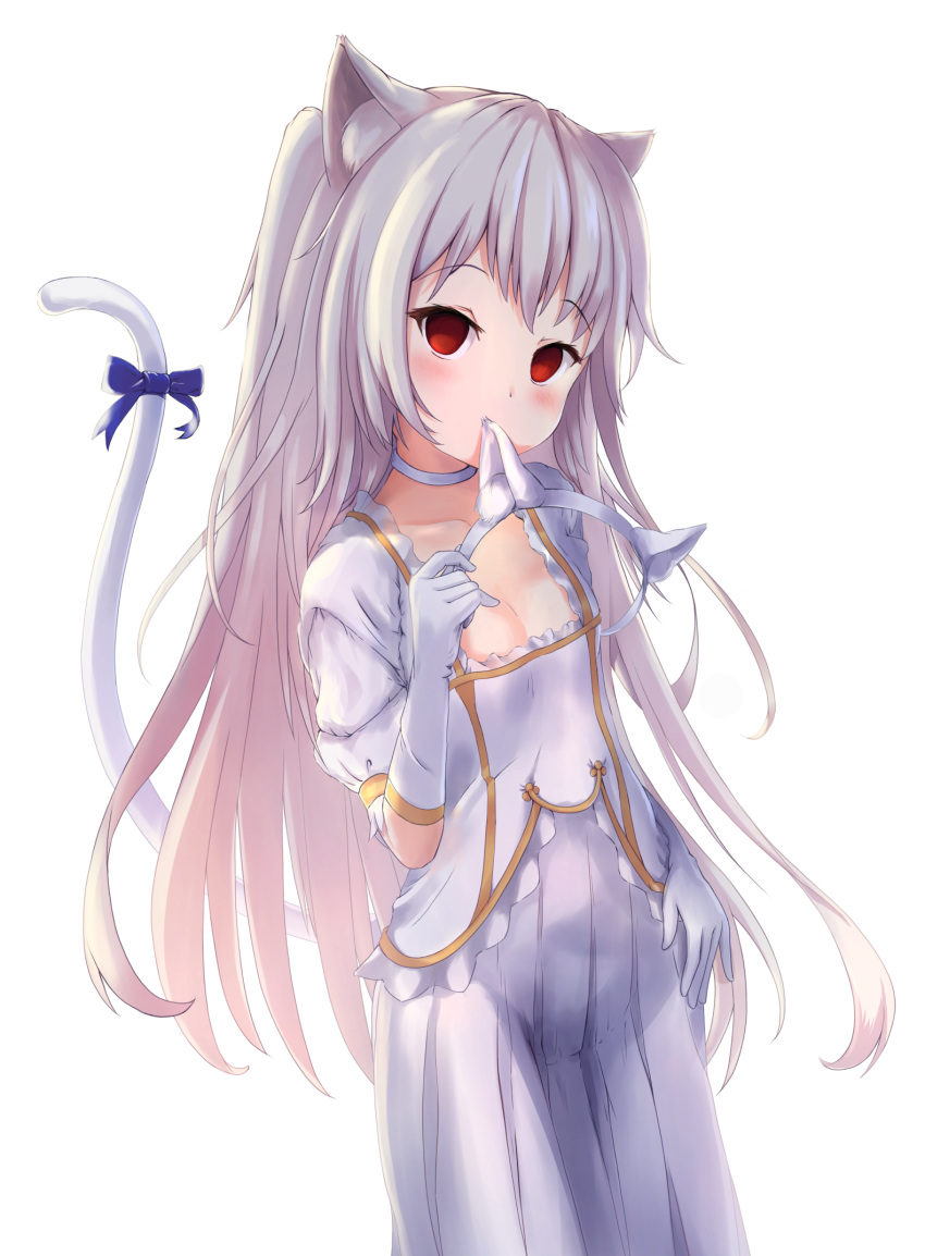 1girl animal_ears bangs blue_bow blush bow cat_ears choker covered_mouth dress eyebrows_visible_through_hair gloves hand_up highres holding long_hair looking_at_viewer no_pupils nora_cat nora_cat_channel parufeito red_eyes sidelocks silver_hair simple_background solo tail tail_bow tail_ornament virtual_youtuber white_background white_dress white_gloves white_theme