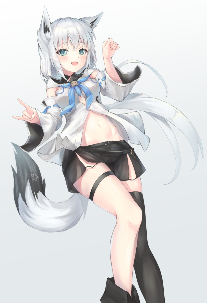 1girl :d animal_ears bangs black_legwear blush breasts detached_sleeves eyebrows_visible_through_hair fang green_eyes hands_up highres hololive key long_hair navel open_mouth parufeito shirakami_fubuki short_shorts shorts sidelocks simple_background single_thighhigh skin_fang small_breasts smile solo star_(symbol) tail thigh-highs thigh_strap thighs virtual_youtuber white_background white_hair white_tail