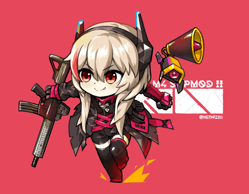 1girl artist_name assault_rifle blonde_hair chibi commission eyebrows_visible_through_hair fang girls_frontline gun hair_between_eyes headgear hepari highres holding holding_gun holding_weapon long_hair m4_carbine m4_sopmod_ii m4_sopmod_ii_(girls_frontline) megaphone mod3_(girls_frontline) multicolored_hair red_background red_eyes rifle ro635_(dinergate) running smile streaked_hair thigh-highs weapon