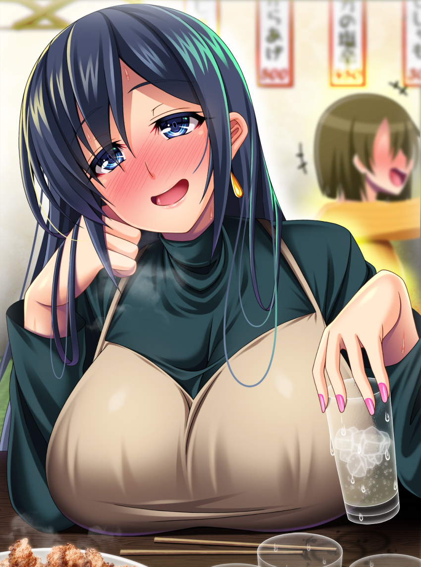 2girls alternate_hairstyle beige_dress black_hair blue_eyes blurry blush breast_rest breasts chopsticks commentary_request depth_of_field drunk earrings food glass green_sweater hair_down highres hiryuu_(kantai_collection) ice ice_cube jewelry kantai_collection large_breasts mirisha multiple_girls nose_blush official_alternate_costume open_mouth solo_focus souryuu_(kantai_collection) sweater turtleneck upper_body