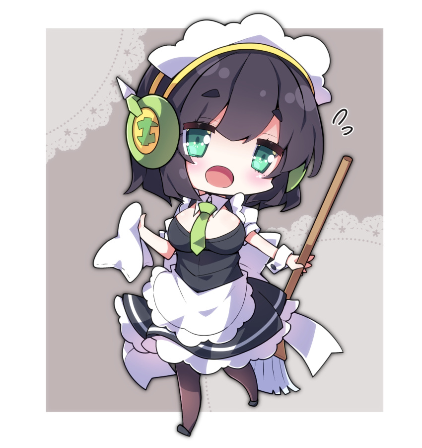 1girl :o apron bangs black_dress black_footwear black_hair blush breasts brown_legwear commentary_request dress eyebrows_visible_through_hair flying_sweatdrops full_body green_eyes green_neckwear hair_between_eyes headphones highres holding kyoumachi_seika large_breasts looking_at_viewer milkpanda necktie open_mouth pantyhose shoes short_eyebrows solo thick_eyebrows voiceroid walking white_apron