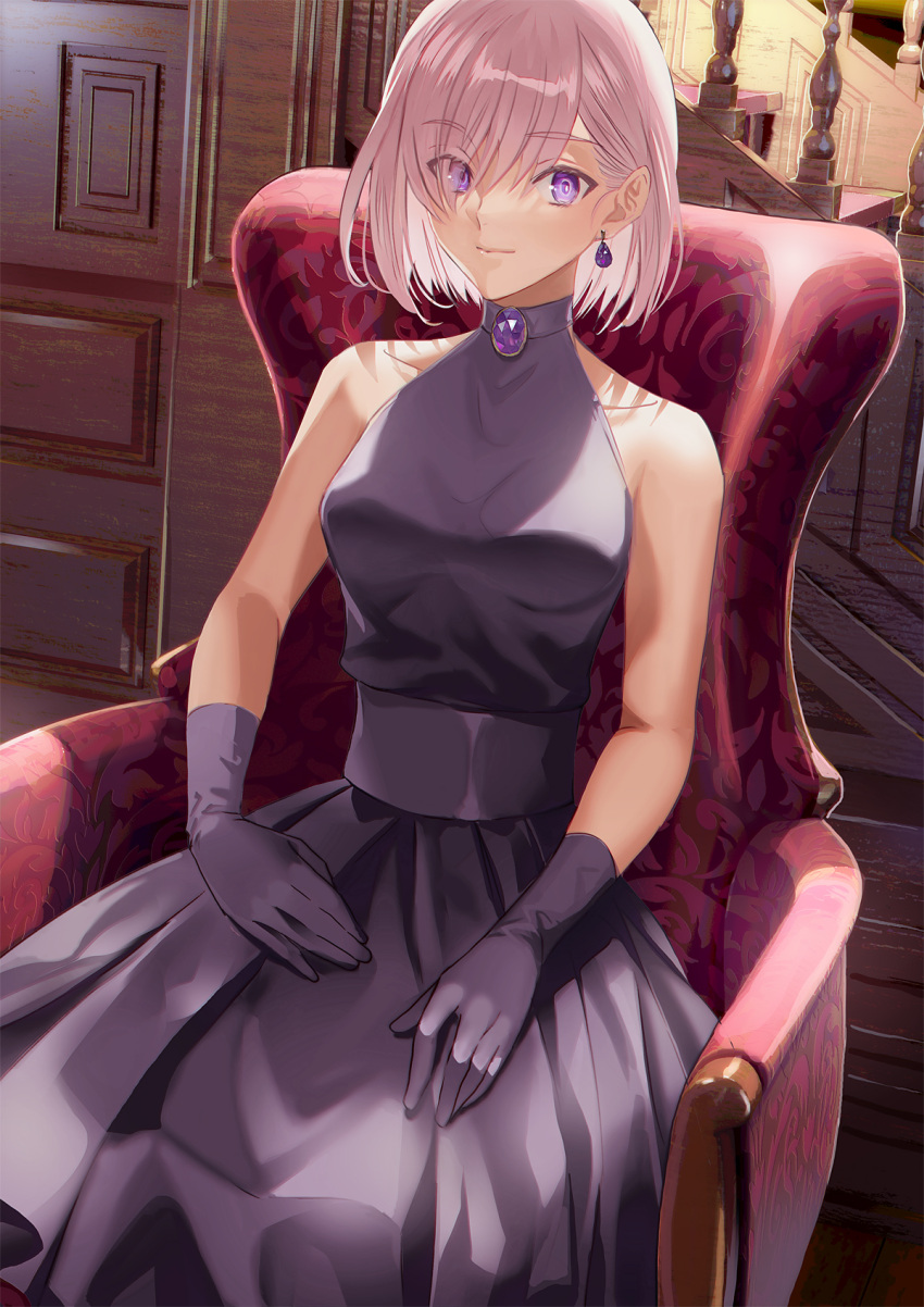 1girl bare_shoulders black_dress black_gloves breasts chair closed_mouth collarbone commentary_request dress earrings eyebrows_visible_through_hair eyes_visible_through_hair fate/grand_order fate_(series) formal gem gloves hair_over_one_eye highres indoors jewelry k_harris long_dress looking_at_viewer mash_kyrielight medium_breasts pink_hair short_hair sitting smile solo stairs violet_eyes