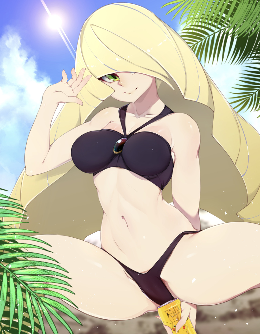 1girl absurdres bangs bare_shoulders beach bikini black_bikini blonde_hair blue_sky breasts closed_mouth collarbone commentary d: day english_commentary gen_1_pokemon green_eyes hair_over_one_eye highres large_breasts long_hair looking_at_viewer lusamine_(pokemon) navel open_mouth palm_tree pikachu pokemon pokemon_(anime) pokemon_sm049 pokemon_sm_(anime) sky slugbox smile solo squatting sunlight swimsuit thighs tree very_long_hair