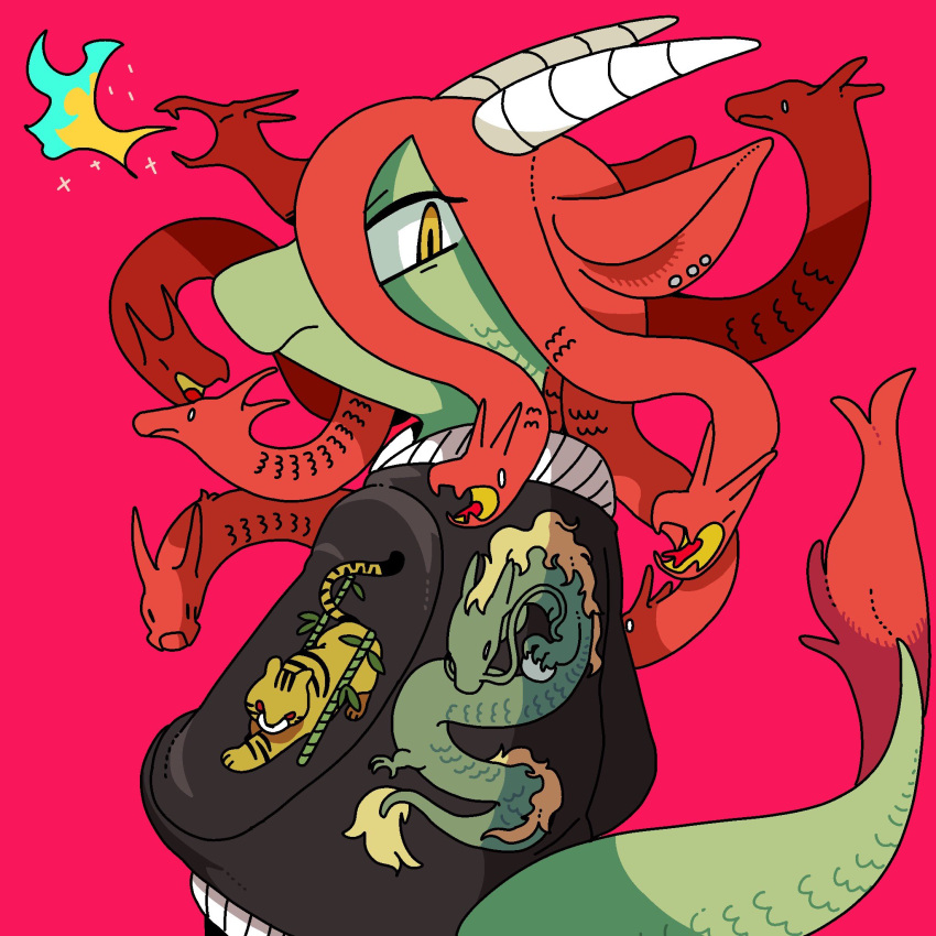 1girl colored_skin cowboy_shot dragon dragon_girl dragon_tail earrings fire green_skin highres horns jacket jewelry original panapana pink_background print_jacket profile shadow simple_background snake_hair solo tail white_horns yellow_eyes