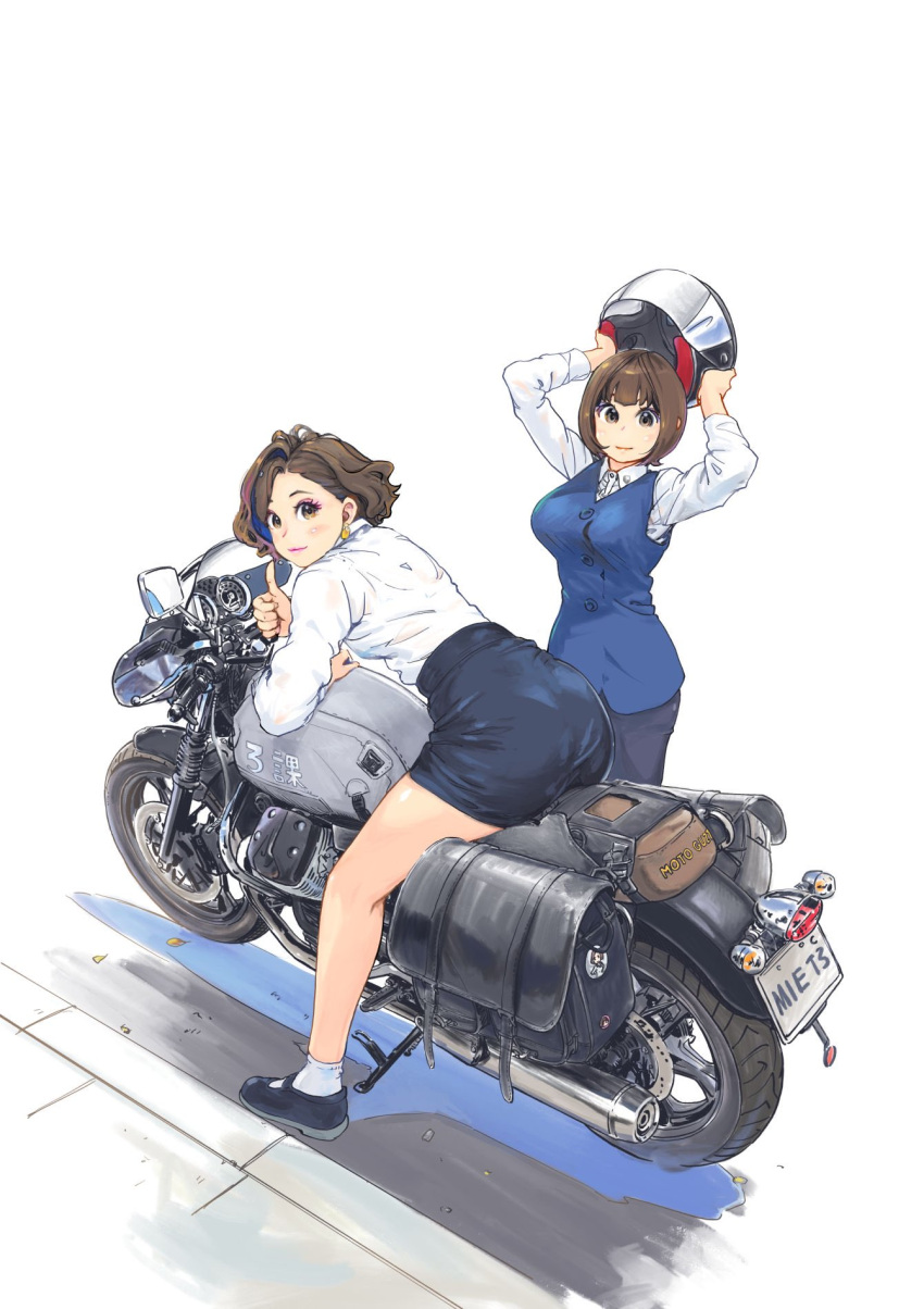 2girls ass bangs black_footwear black_skirt blue_skirt blue_vest blunt_bangs bob_cut brown_eyes brown_hair carina_(xiaowoo) closed_mouth commentary_request dress_shirt earrings eyeliner flats helmet highres holding holding_helmet ishikawa_purin jewelry kishi_mieko leaning_forward long_sleeves looking_at_viewer makeup miniskirt motorcycle_helmet multiple_girls office_lady on_motorcycle onna_shunin_kishi_mieko pantylines pencil_skirt shirt short_hair simple_background single_hair_intake skirt smile socks standing thumbs_up vest wavy_hair white_background white_legwear white_shirt wing_collar