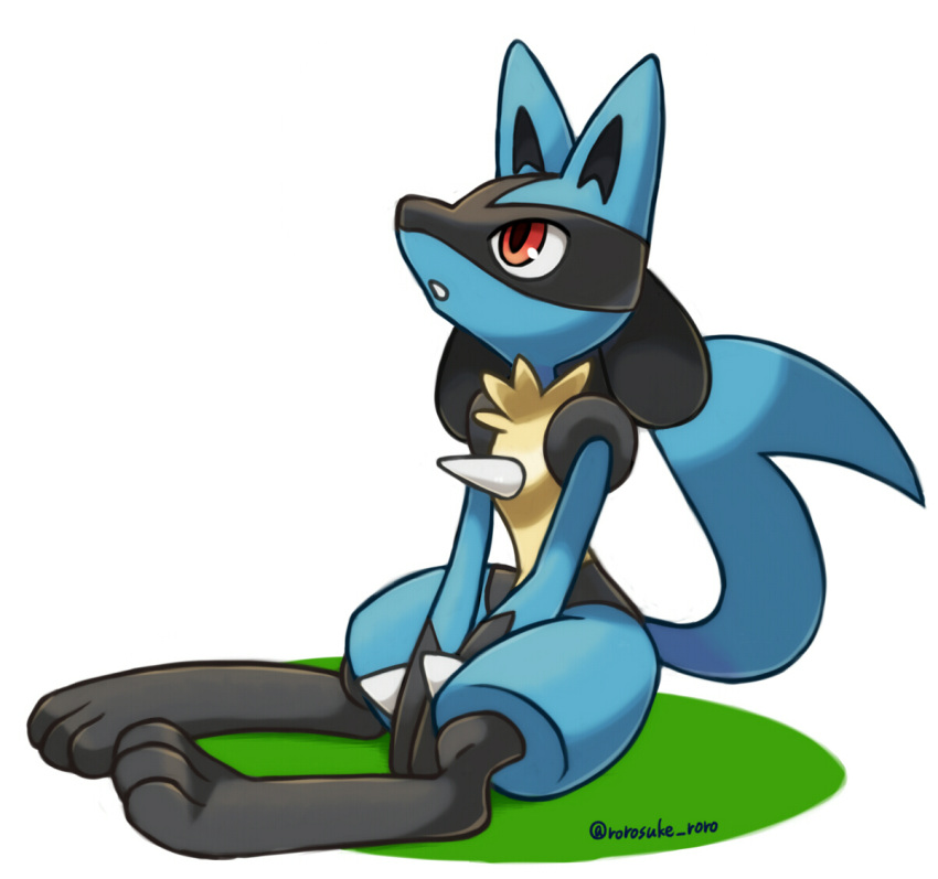 1boy animal_ears artist_name between_legs black_fur blue_fur body_fur commentary full_body furry gen_4_pokemon hand_between_legs hands_together looking_up lucario male_focus parted_lips pokemon pokemon_(creature) red_eyes rorosuke simple_background sitting solo spikes tail twitter_username v_arms white_background wolf_boy wolf_ears wolf_tail yellow_fur
