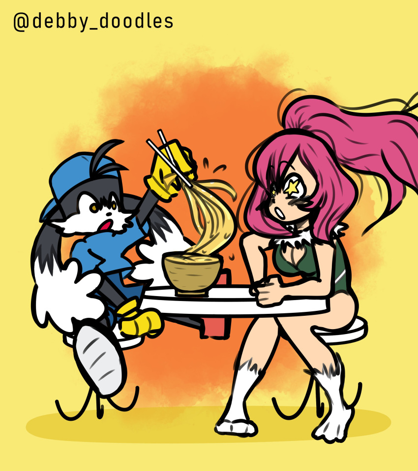 animal_ears blue_hat blue_pants blue_shirt cat_ears cat_tail chair cleavage cleavage_cutout crossover debby_doodles full_body kaze_no_klonoa klonoa legs perisie_(star_ocean) pink_hair ramen red_shoes star star_ocean table thigh yellow_gloves