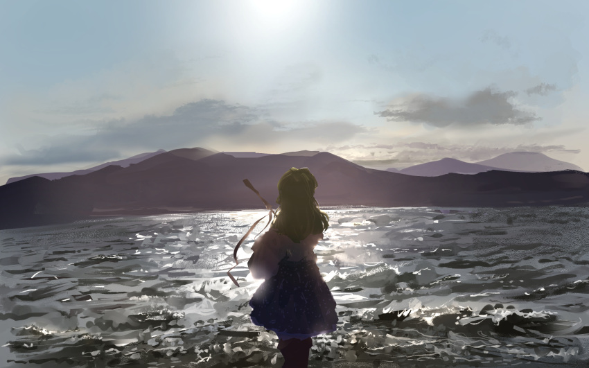 blue_skirt boots clouds day detached_sleeves gohei green_hair highres hill japanese_clothes kochiya_sanae lake landscape long_hair long_skirt miko mountainous_horizon nature nontraditional_miko outdoors scenery skirt sky sunlight touhou ushitsuchi water