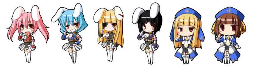 6+girls :d animal_ears black_hair blonde_hair blue_hair blue_headwear blush_stickers boots brown_hair chibi chiester00 chiester410 chiester45 chiester556 chiester_sisters closed_mouth cornelia_(umineko) expressionless eyebrows_visible_through_hair eyepatch fangs garter_straps gertrude_(umineko) gloves hat highres multiple_girls open_mouth orange_eyes pink_hair rabbit_ears salute smile sweat tako_(all_delete) thigh-highs thigh_boots twintails umineko_no_naku_koro_ni white_footwear