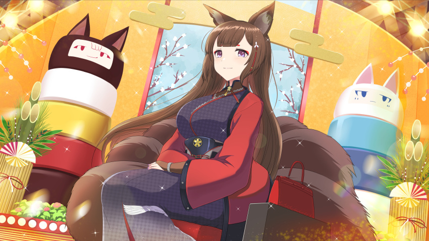 1girl amagi_(azur_lane) animal_ears azur_lane bag bangs blunt_bangs blush bodystocking breasts bridal_gauntlets brown_hair closed_mouth coat commentary_request cowboy_shot eyebrows_visible_through_hair fox_ears fox_girl fox_tail handbag highres japanese_clothes kadomatsu kimono large_breasts long_hair looking_at_viewer multiple_tails new_year purple_kimono red_coat ru-ne sakuramon sidelocks sitting smile solo sparkle stage stage_lights tail thick_eyebrows unmoving_pattern violet_eyes wide_sleeves wristband