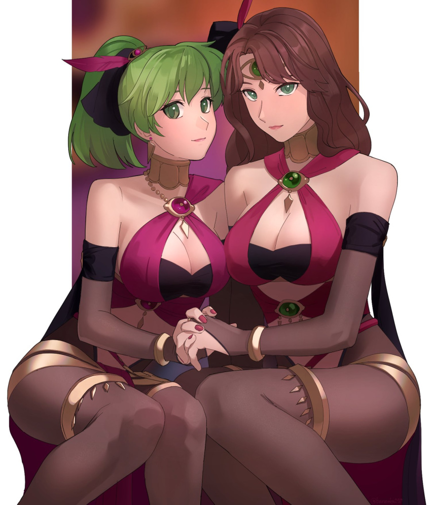 2girls a_(user_vtsy8742) alternate_costume bangs breasts brown_hair closed_mouth dancer dorothea_arnault earrings fire_emblem fire_emblem:_genealogy_of_the_holy_war fire_emblem:_three_houses fire_emblem_heroes green_eyes green_hair hair_ornament headpiece highres holding_hands jewelry large_breasts lene_(fire_emblem) lips long_hair multiple_girls nail_polish pantyhose skin_tight