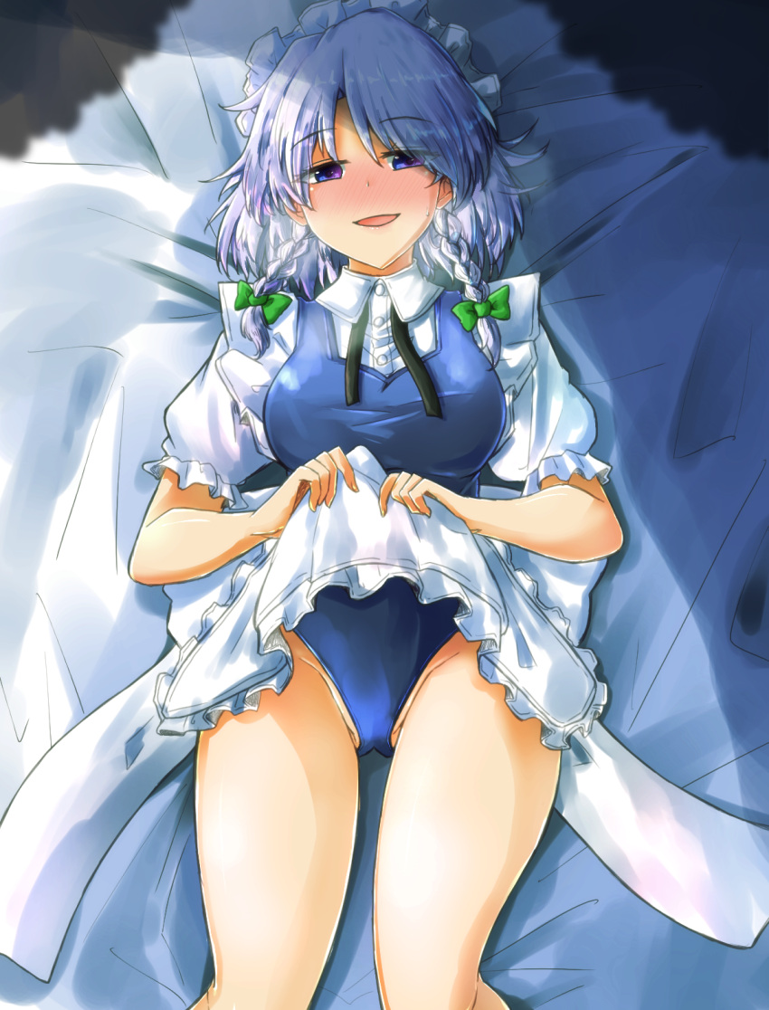 1girl apron apron_lift blue_eyes blue_panties blush braid eyebrows_visible_through_hair highres izayoi_sakuya lifted_by_self looking_at_viewer lying maid_headdress on_back open_mouth oshiaki panties short_sleeves side_braid solo touhou twin_braids underwear vest white_apron