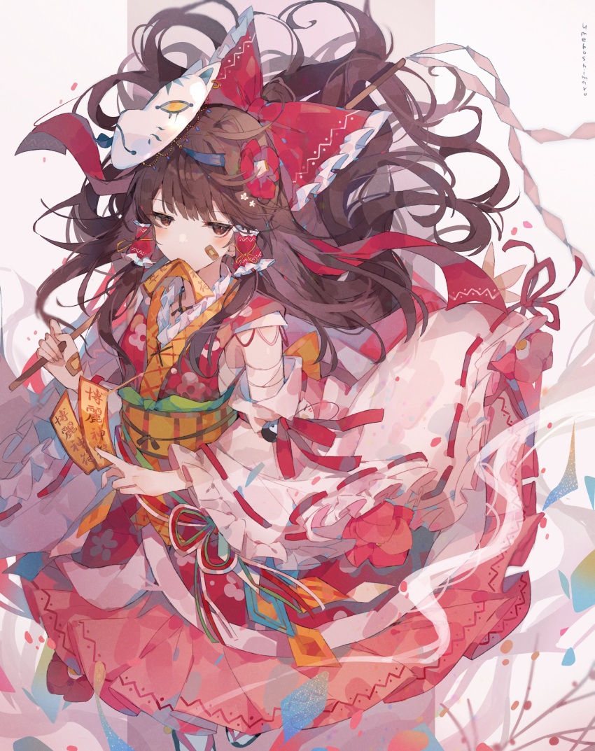 1girl absurdres bandages bandaid bandaid_on_face bow brown_eyes brown_hair detached_sleeves dress eyebrows_visible_through_hair floating_hair flower fox_mask hair_bow hair_flower hair_ornament hair_tubes hakurei_reimu highres holding long_hair long_sleeves looking_at_viewer mask mouth_hold obi red_bow red_dress ribbon_trim sandals sash simple_background solo touhou umemaro_(siona0908) white_background