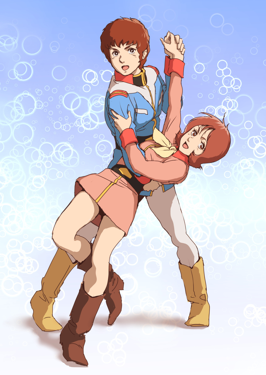 1boy 1girl :d absurdres amuro_ray blue_background blue_jacket brown_eyes brown_footwear brown_hair couple dancing frau_bow full_body gradient gradient_background gundam highres holding_hands interlocked_fingers jacket looking_at_viewer military military_uniform mobile_suit_gundam open_mouth pants pink_jacket shiny shiny_hair short_hair sketch smile teikoku_jokyoku uniform white_pants yellow_footwear yellow_neckwear