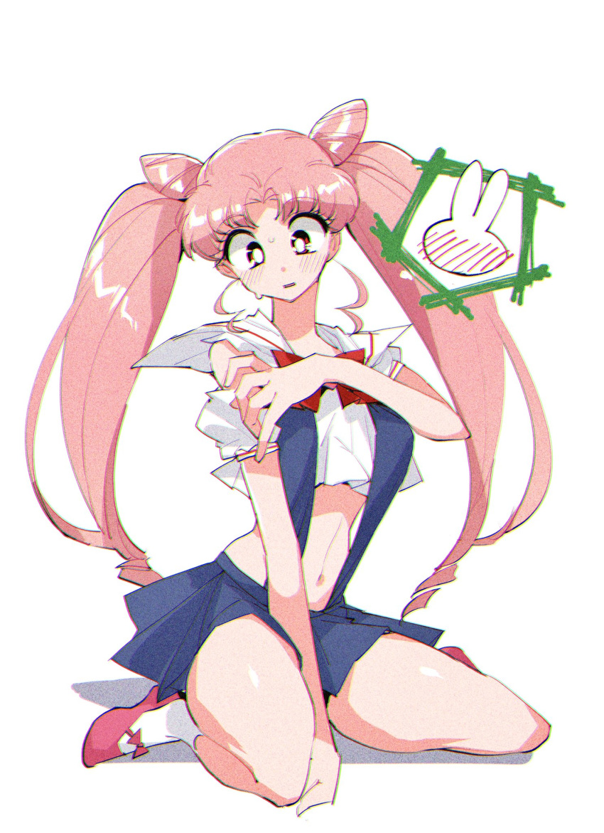 1990s_(style) 1girl alternate_costume arm_strap bishoujo_senshi_sailor_moon blue_skirt blush bright_pupils chibi_usa highres looking_down midriff navel older pink_hair pochi_(askas_is_god) red_eyes sailor_collar sitting skirt solo surprised suspender_skirt suspenders sweatdrop twintails white_background white_pupils