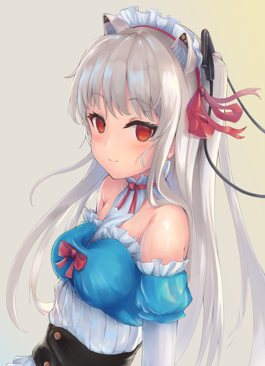 1girl animal_ears bangs blush bow breasts cat_ears choker closed_mouth eyebrows_visible_through_hair grey_hair hair_ornament highres long_hair looking_at_viewer maid_headdress no_pupils nora_cat nora_cat_channel parufeito red_bow red_eyes red_ribbon ribbon sidelocks simple_background small_breasts smile solo virtual_youtuber
