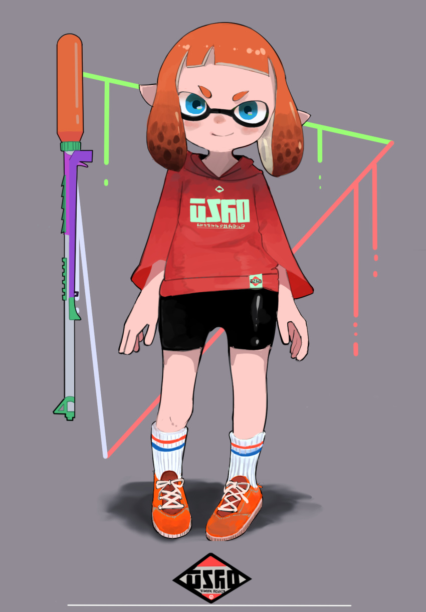 1girl bike_shorts blue_eyes domino_mask full_body grey_background highres inkling jacket logo looking_at_viewer mask orange_footwear orange_hair ryu_(17569823) short_hair smile solo splat_charger_(splatoon) splatoon_(series) standing tentacle_hair