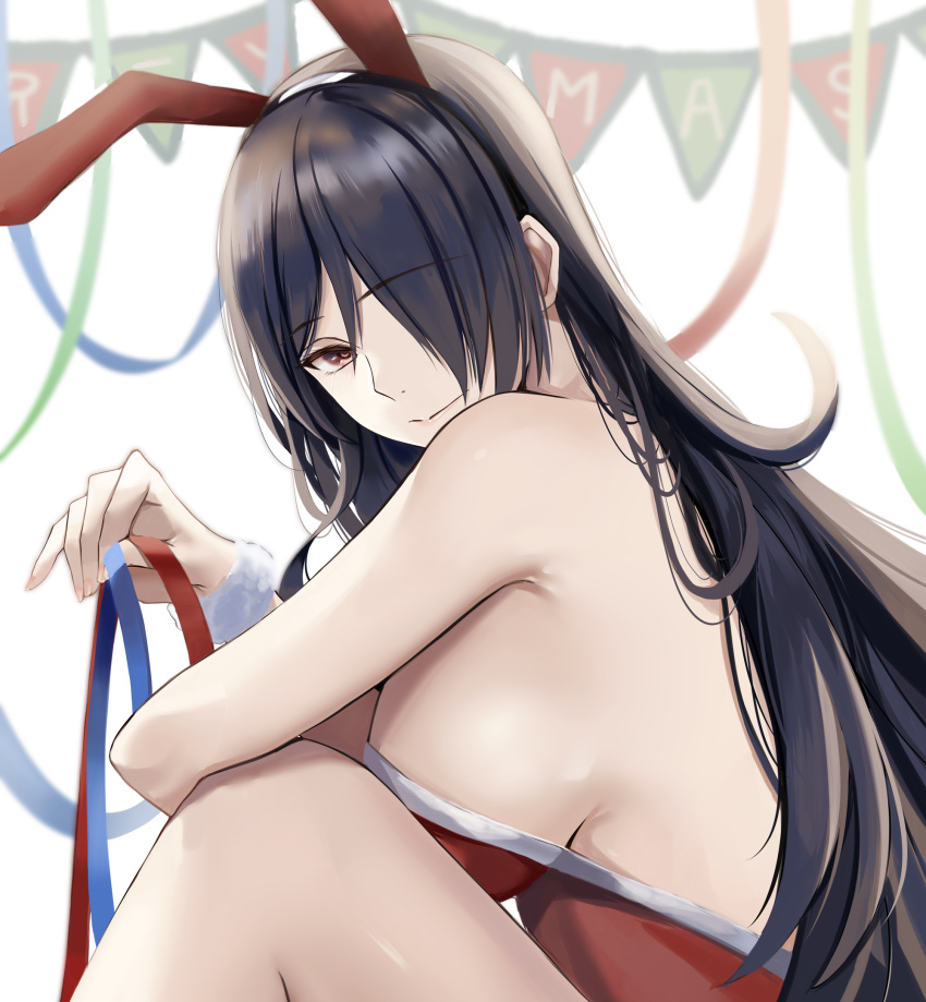 1girl animal_ears arm_on_knee asymmetrical_bangs bangs bare_arms bare_back bare_legs bare_shoulders blue_ribbon breasts brown_eyes brown_hair bunny_ears bunnysuit closed_mouth english_commentary eyebrows_visible_through_hair eyelashes fake_animal_ears fingernails flag fur_cuffs green_ribbon hair_over_one_eye hand_up highres holding holding_ribbon knee_up large_breasts leotard long_hair looking_at_viewer nail_polish nicky_w original parted_bangs pennant playboy_bunny rabbit_ears red_leotard red_ribbon ribbon shiny shiny_hair shiny_skin sideboob sidelocks simple_background smile solo strapless strapless_leotard string_of_flags tsurime wavy_hair white_background wristband