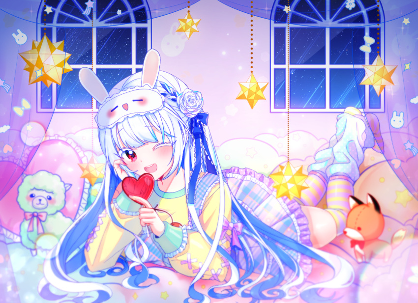 1girl ;d bangs blue_hair blush candy colored_eyelashes curtains eyebrows_visible_through_hair falling_star flower food frilled_skirt frills full_body hair_flower hair_ornament heart_lollipop holding holding_candy holding_food holding_lollipop indoors legs_up lollipop long_hair long_sleeves looking_at_viewer lying mamel_27 mask mask_on_head multicolored_hair night night_sky on_stomach one_eye_closed open_mouth original plaid plaid_skirt pleated_skirt puffy_long_sleeves puffy_sleeves red_eyes rose shirt skirt sky sleep_mask smile solo star_(sky) starry_sky streaked_hair striped striped_legwear stuffed_alpaca stuffed_animal stuffed_fox stuffed_toy thigh-highs transparent upper_teeth very_long_hair white_flower white_hair white_rose window yellow_shirt