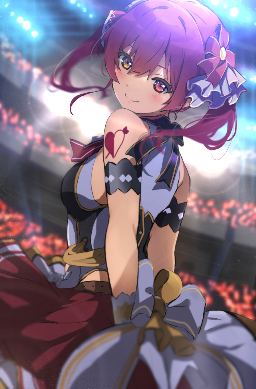 1girl alternate_costume armband arms_behind_back arrow_through_heart bangs bare_shoulders blush bow closed_mouth dot_nose eyebrows_behind_hair frills hair_between_eyes heart heart_tattoo heterochromia highres hololive houshou_marine icehotmilktea idol light looking_at_viewer looking_back medium_hair red_eyes red_skirt redhead shoulder_tattoo skirt smile solo spotlight stadium tattoo tied_hair twintails virtual_youtuber yellow_eyes