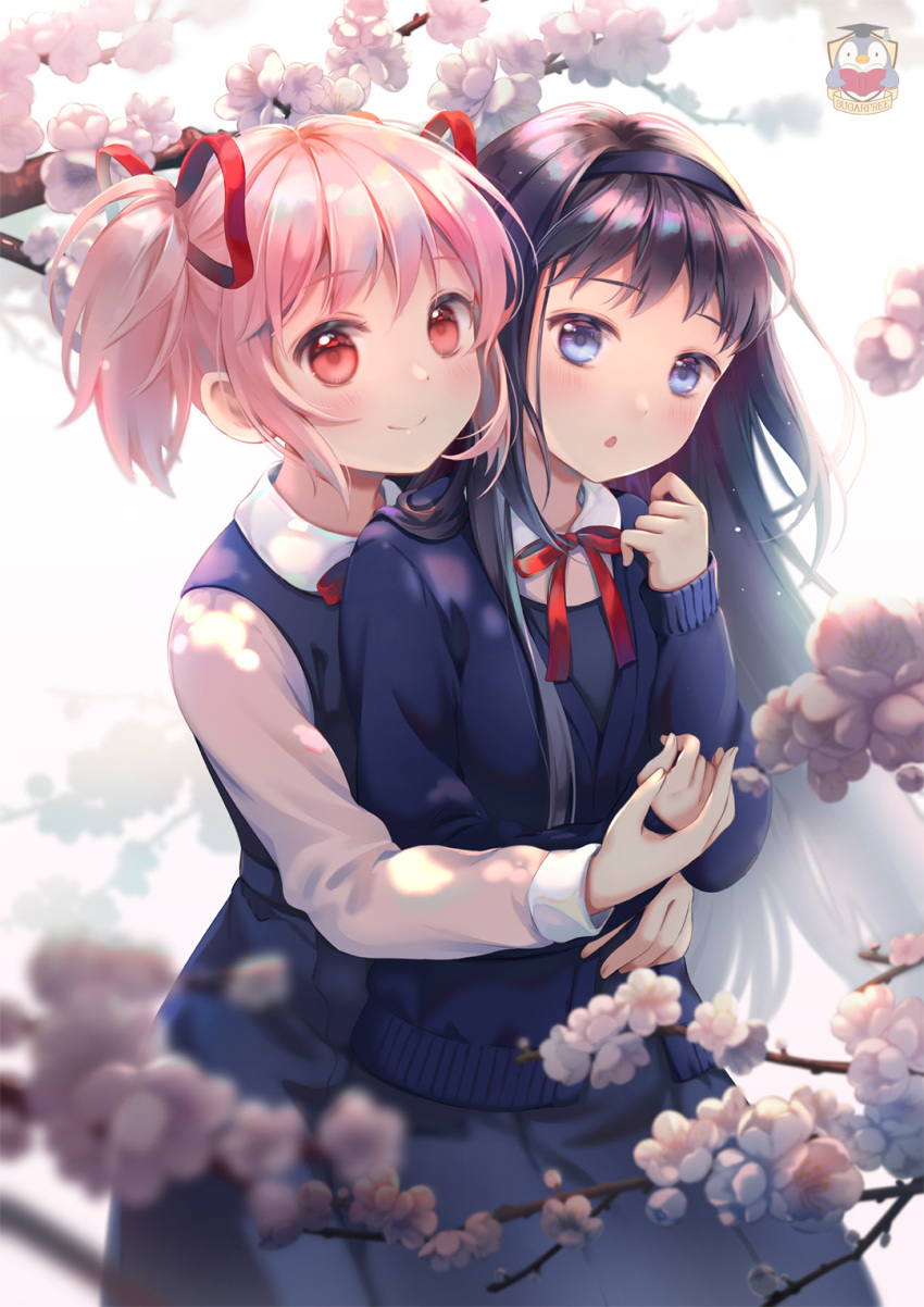 2girls :o akemi_homura alternate_costume backlighting black_hair black_hairband blue_cardigan blue_eyes blurry blurry_background cardigan cherry_blossoms clenched_hand closed_mouth collared_shirt commentary dappled_sunlight depth_of_field dot_nose english_commentary facing_viewer fingernails flat_chest floating_hair flower grey_skirt hairband hand_on_another's_waist hand_up happy highres hug hug_from_behind kamui_(kamuikaoru) kaname_madoka light_blush light_particles long_hair long_sleeves looking_at_another looking_at_viewer looking_to_the_side mahou_shoujo_madoka_magica multiple_girls neck_ribbon pink_eyes pink_flower pink_hair red_ribbon ribbon school_uniform shiny shiny_hair shirt short_twintails simple_background skirt sleeves_past_wrists smile straight_hair sunlight tareme tree_branch twintails uniform upper_body watermark
