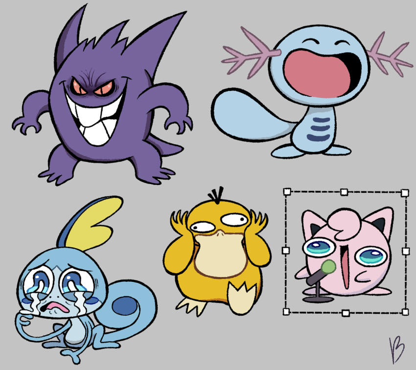 :d ^_^ animal_ears aqua_eyes artist_name blue_skin blush_stickers bright_pupils closed_eyes colored_sclera colored_skin commentary creature crying crying_with_eyes_open disconnected_mouth english_commentary full_body gen_1_pokemon gen_2_pokemon gen_6_pokemon gen_8_pokemon gengar grey_background grin half-closed_eyes jigglypuff looking_at_another looking_at_viewer microphone music nintendo no_humans open_mouth pink_sclera pokemon pokemon_(creature) psyduck purple_skin roxlyn166 signature simple_background singing smile sobble standing tail tears wall-eyed white_pupils wooper yellow_skin