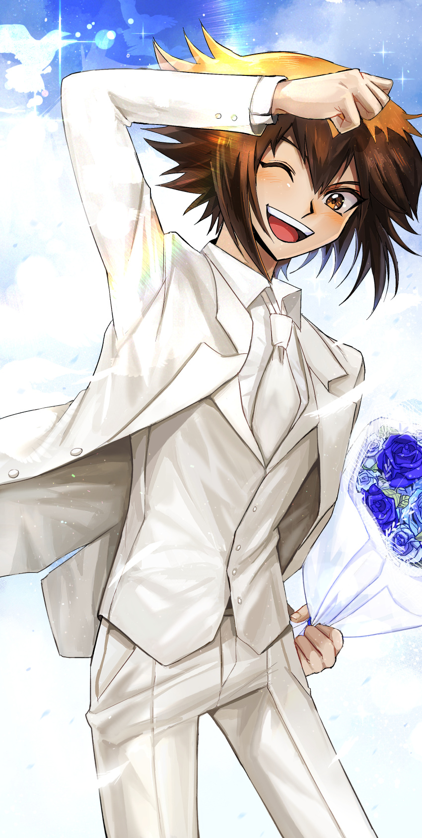 1boy ;d absurdres arm_up blue_flower blue_rose bouquet brown_eyes brown_hair collared_shirt cowboy_shot flower groom highres holding holding_bouquet jacket male_focus medium_hair multicolored_hair natsukusa_(hacho129) necktie one_eye_closed open_clothes open_jacket open_mouth pants rose shirt smile solo two-tone_hair vest white_jacket white_neckwear white_pants white_shirt white_vest wing_collar yu-gi-oh! yu-gi-oh!_gx yuuki_juudai