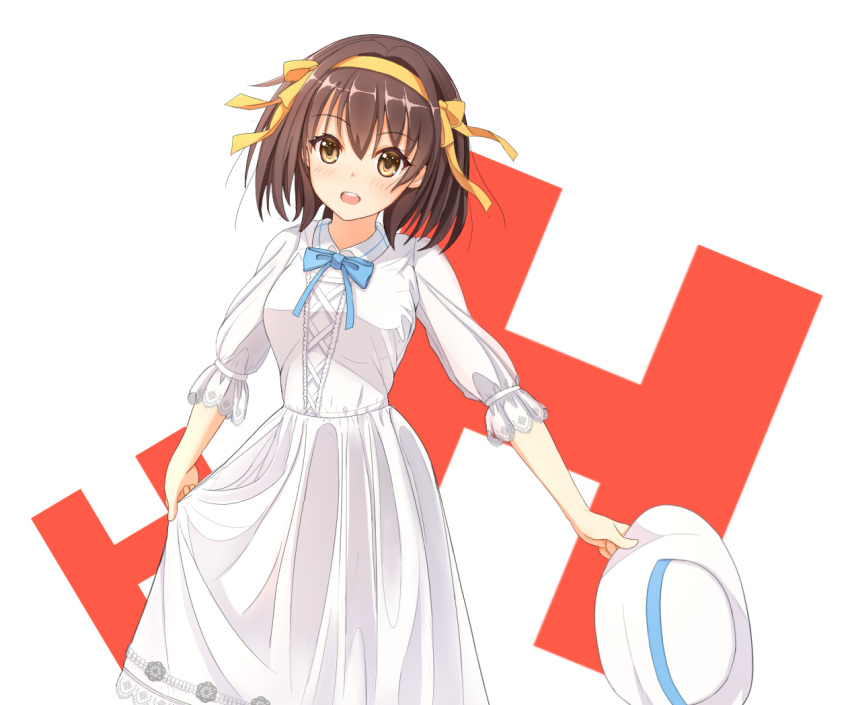 1girl bangs blue_bow blush bow breasts brown_eyes brown_hair commentary dress eyebrows_visible_through_hair hair_between_eyes hair_ornament hair_ribbon hairband hat hat_removed headwear_removed holding holding_clothes holding_hat long_sleeves looking_at_viewer open_mouth ribbon short_hair simple_background skirt smile solo suzumiya_haruhi suzumiya_haruhi_no_yuuutsu tsukiko_neko two-tone_background white_skirt yellow_hairband yellow_ribbon