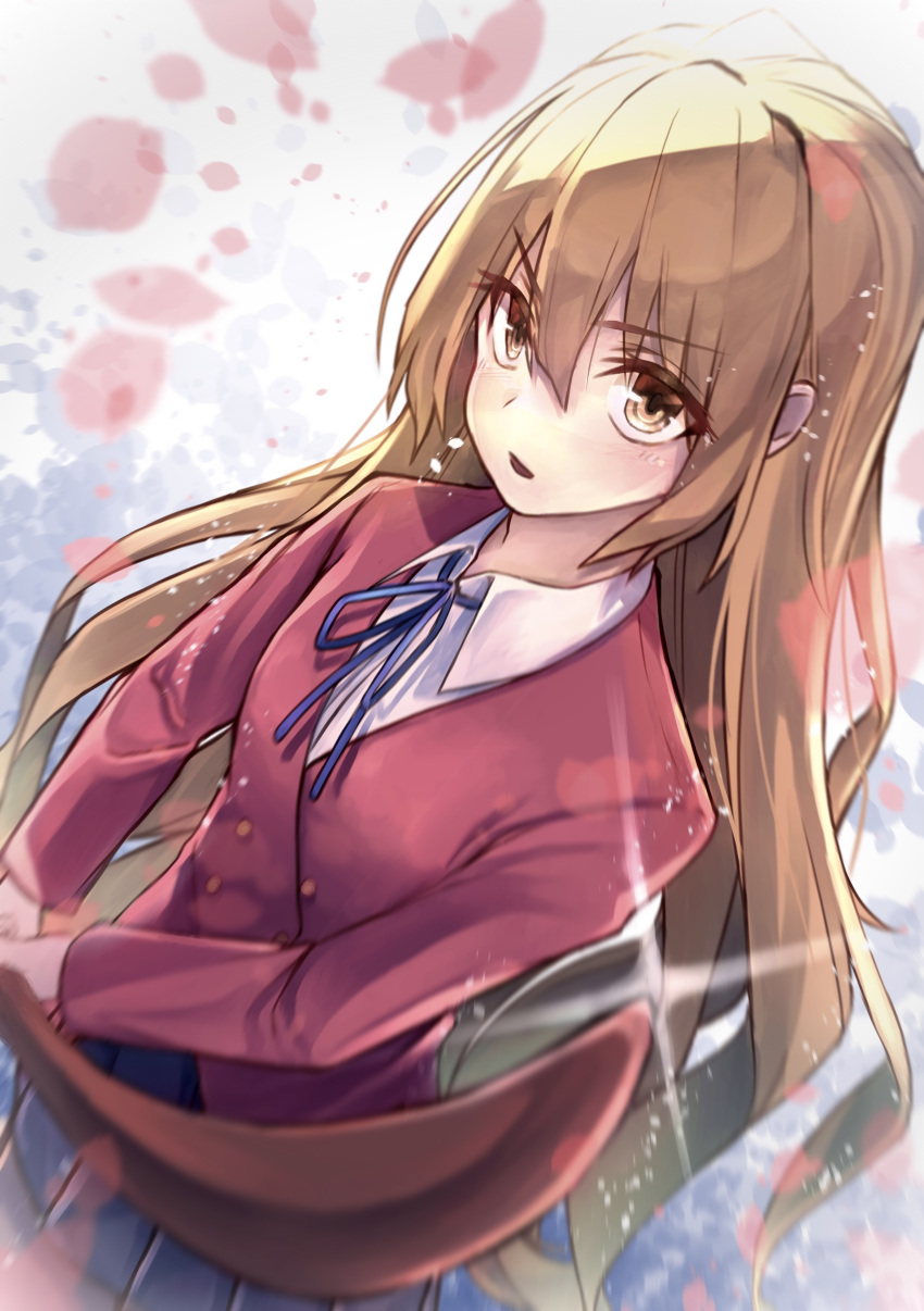 1girl absurdres aisaka_taiga ajimi07 bangs blue_ribbon blue_skirt blurry_foreground bokken brown_eyes brown_hair cowboy_shot dress_shirt eyebrows_visible_through_hair floating_hair hair_between_eyes highres holding jacket long_hair long_sleeves neck_ribbon oohashi_high_school_uniform open_mouth pink_shirt pleated_skirt red_jacket ribbon school_uniform shirt skirt solo sparkle standing sword toradora! very_long_hair weapon white_shirt wooden_sword