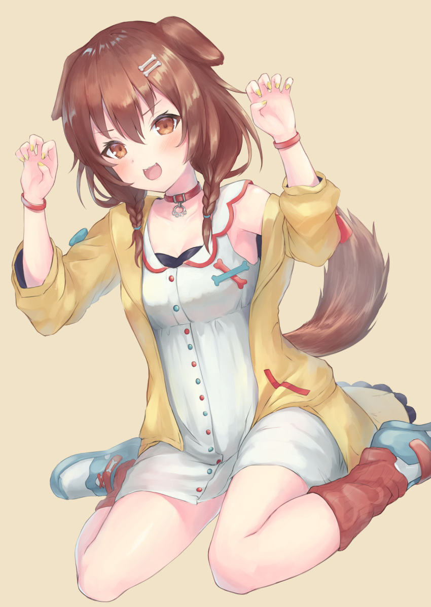 1girl animal_ears arms_up bangs blush bone bone_hair_ornament breasts brown_eyes brown_hair brown_tail choker dog_ears dog_tail dress eyebrows_visible_through_hair fangs gao hair_ornament highres hololive inugami_korone looking_at_viewer medium_hair open_mouth parufeito simple_background sitting small_breasts solo tail upper_teeth virtual_youtuber wariza wristband