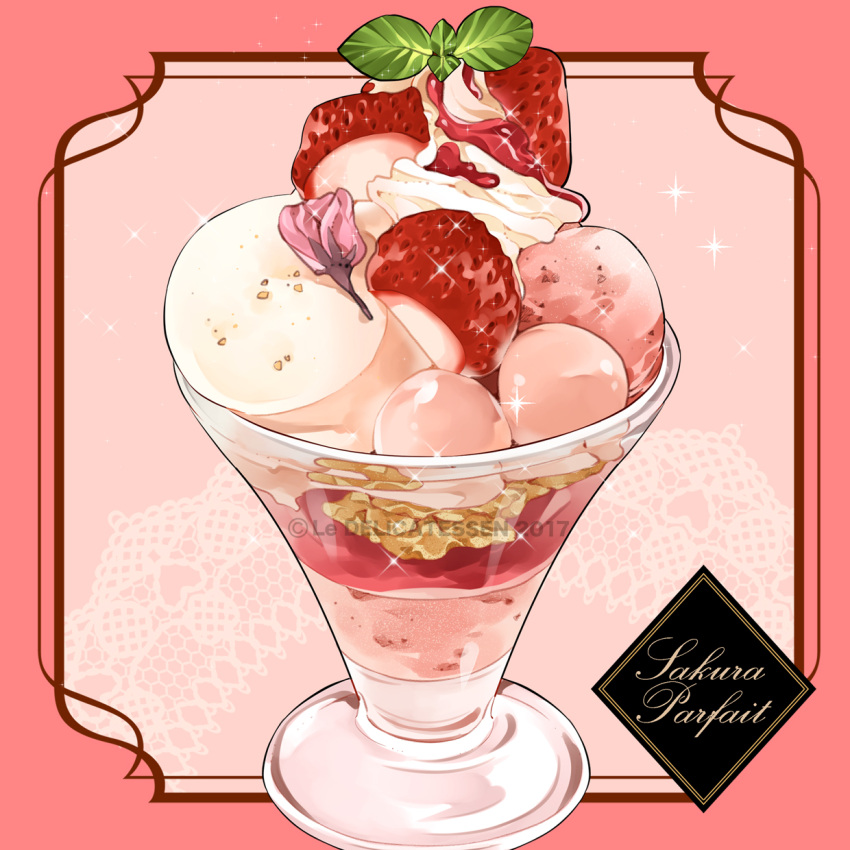 2017 artist_name cherry_blossoms commentary_request cup dated dessert doily english_text flower food fruit glass highres ice_cream le_delicatessen leaf no_humans original parfait pink_background pink_flower sparkle still_life strawberry watermark