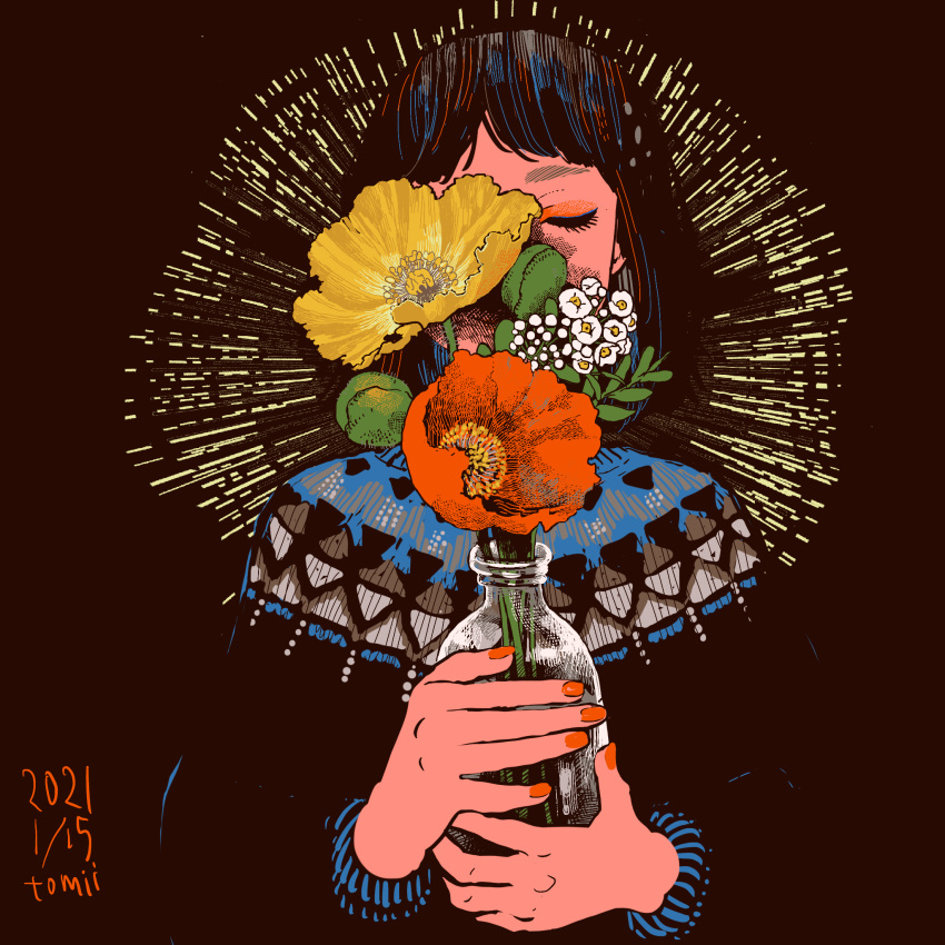 1girl bangs black_background black_hair closed_eyes covering_face dated flower highres holding_vase leaf long_sleeves medium_hair original procreate_(medium) red_flower red_nails signature solo sweater tomidoron upper_body white_flower yellow_flower