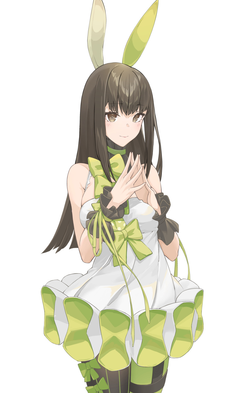 1girl absurdres animal_ears bare_shoulders bow brown_eyes brown_hair cowboy_shot dress eyebrows_visible_through_hair girls_frontline green_bow highres long_hair looking_at_viewer m4a1_(girls_frontline) official_alternate_costume rabbit_ears smile solo steepled_fingers two-tone_dress white_background wristband yueyue_no_hand