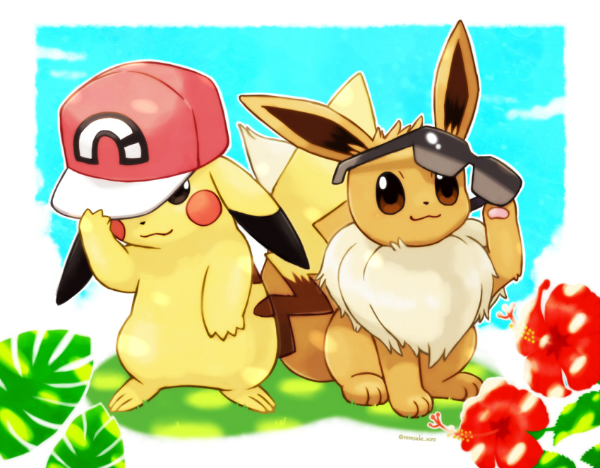 adjusting_clothes adjusting_eyewear adjusting_headwear animal_focus artist_name baseball_cap blue_background blue_oak blue_oak_(cosplay) blue_sky blush_stickers border brown_eyes closed_mouth clothed_pokemon clouds commentary cosplay day eevee flower full_body gen_1_pokemon hand_up happy hat looking_at_viewer no_humans one_eye_covered outdoors outline outside_border pawpads pikachu pokemon pokemon_(creature) pokemon_(game) pokemon_sm red_(pokemon) red_(pokemon)_(cosplay) red_flower red_headwear rorosuke shiny sitting sky smile standing sunglasses twitter_username white_border white_outline