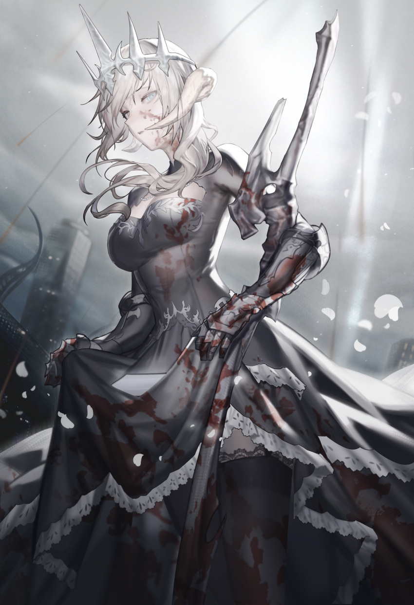 1girl absurdres ajirui au_ra black_dress black_legwear blonde_hair blood blood_on_face bloody_clothes bloody_weapon blue_eyes breasts building cleavage_cutout clothing_cutout crown dress final_fantasy final_fantasy_xiv gauntlets highres horns long_hair long_sleeves looking_at_viewer medium_breasts open_mouth petals scales skirt_hold skyscraper solo thigh-highs weapon