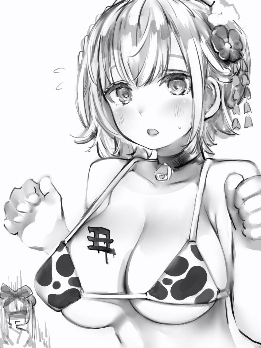 2girls animal_print bell bell_collar bikini blush body_writing bow breasts chinese_zodiac choker collar copyright_request cow_print cowbell flower flying_sweatdrops greyscale hair_bow hair_flower hair_ornament hands_up highres large_breasts looking_at_viewer monochrome multiple_girls nanashi_(nlo) open_mouth simple_background solo_focus swimsuit upper_body white_background year_of_the_ox