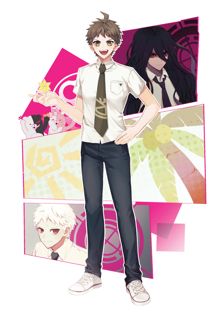 3boys :d absurdres ahoge bangs black_hair black_pants breast_pocket brown_eyes brown_hair closed_mouth collared_shirt commentary_request dangan_ronpa_(series) dangan_ronpa_2:_goodbye_despair dual_persona full_body hair_between_eyes hand_on_hip hand_up highres hinata_hajime hinata_hajime_(awakened) kamukura_izuru long_hair looking_at_viewer male_focus monokuma monomi_(dangan_ronpa) multiple_boys necktei necktie open_mouth pants pink_background pocket raonal97 red_eyes red_eyse shirt shoes short_hair short_sleeves smile sneakers spoilers standing upper_teeth white_background white_footwear white_hair white_shirt