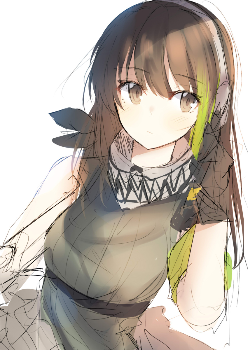 1girl absurdres armband bangs brown_eyes brown_hair girls_frontline green_hair headset highres long_hair m4a1_(girls_frontline) multicolored_hair ribbed_sweater scarf sketch solo streaked_hair sweater white_background yanggang