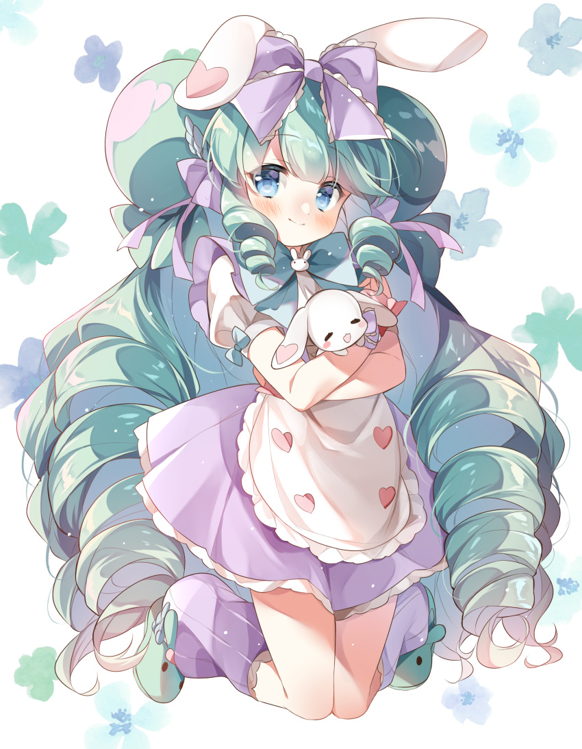 1girl absurdres animal_ears animal_slippers apron bangs blue_eyes blue_neckwear blunt_bangs blush bow bowtie closed_mouth commentary_request commission dot_nose dress drill_hair eyebrows_visible_through_hair frilled_cuffs frills gau_(n00_shi) green_hair hair_bow hair_ribbon heart_on_ear highres holding_bunny leg_up leg_warmers long_hair looking_at_viewer original pixiv_request puffy_short_sleeves puffy_sleeves purple_bow purple_ribbon quad_drills quad_tails rabbit rabbit_ears rabbit_girl ribbon shiny shiny_hair short_dress short_sleeves sleeve_bow slippers smile solo twin_drills very_long_hair waist_apron winged_hair_ornament wrist_cuffs