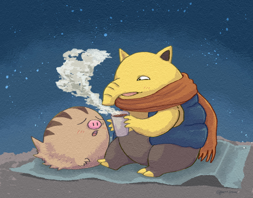 blanket blush closed_eyes clothed_pokemon commentary_request cup drowzee gama3taro gen_1_pokemon gen_2_pokemon highres holding holding_cup liquid open_clothes open_mouth open_vest pokemon pokemon_(creature) scarf signature sitting steam swinub tongue vest