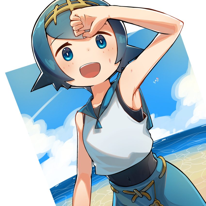 1girl bangs blue_eyes blue_hair blue_pants blue_sailor_collar blush bongnom clouds commentary day eyebrows_visible_through_hair freckles hairband highres lana_(pokemon) one-piece_swimsuit open_mouth outdoors pants pokemon pokemon_(game) pokemon_sm sailor_collar shirt shore short_hair sky sleeveless smile solo sweat swimsuit swimsuit_under_clothes teeth tongue trial_captain